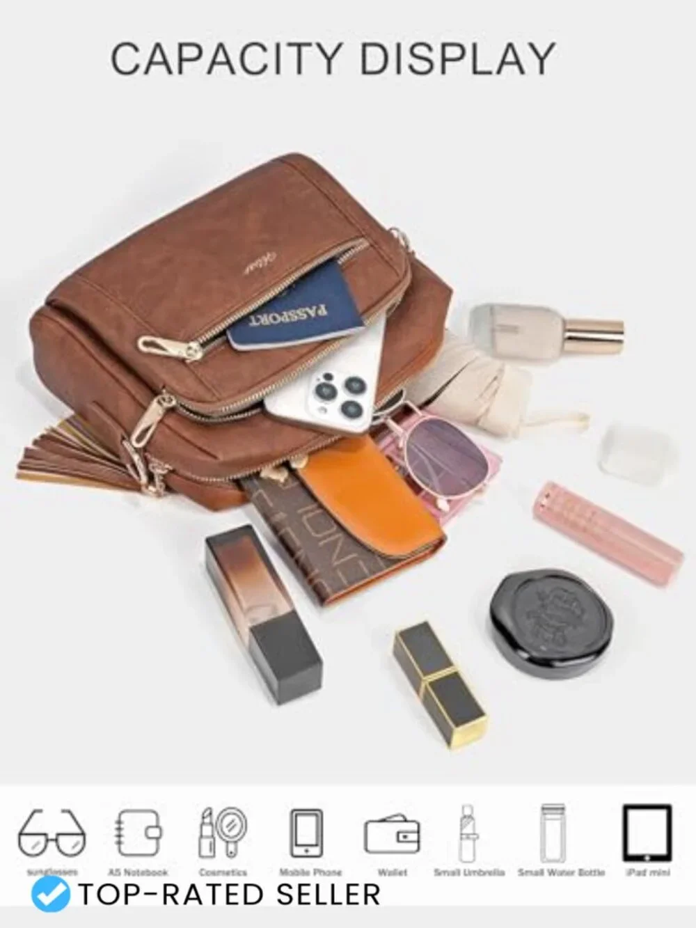 Small Leather Crossbody Bag Anti Theft Purse with Wide Strap Tassel